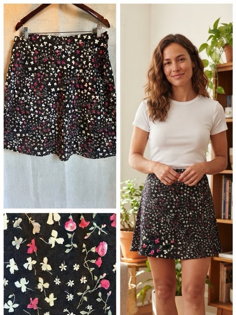 AGB Ditsy Floral Skirt Black White Pink L XL Vintage Dark Cottage Fairy Grunge